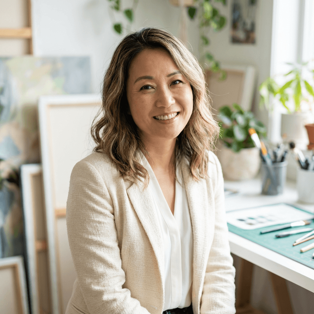Female creative director in a professional setting, poised and thoughtful