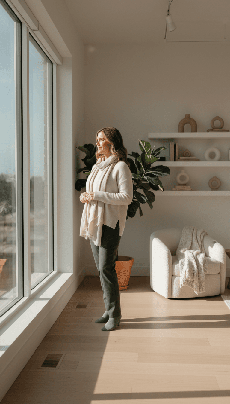 Thoughtful female life coach sitting in a sunlit room with plants and soft natural light