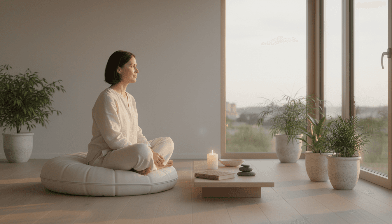 Woman meditating peacefully by window in bright minimalist room with plants and soft natural light