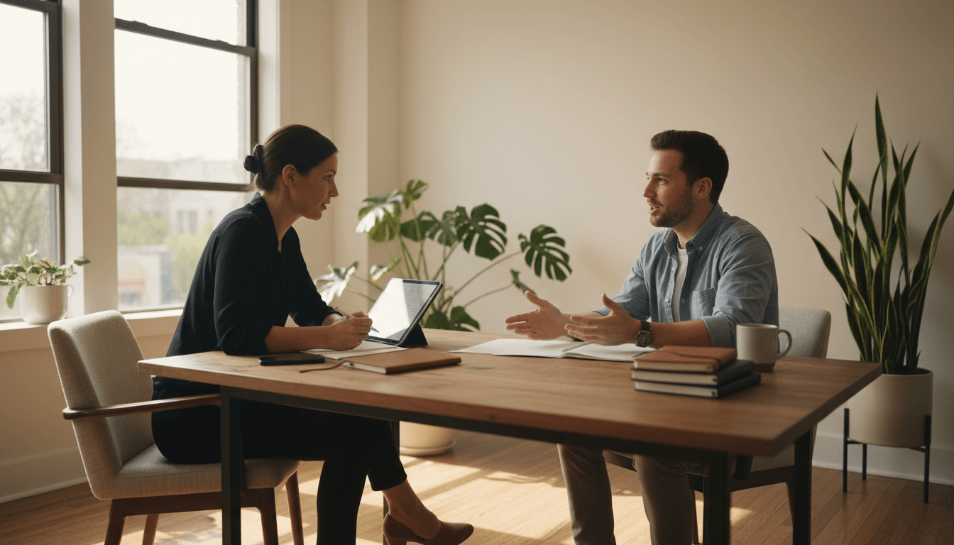 Life coach in reflective conversation with a client in a serene home office