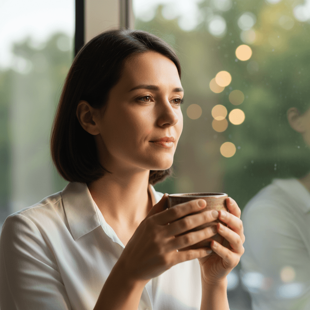 A woman in a peaceful, sunlit room, taking a quiet moment of reflection during a coaching session